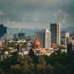 Historic Mexico City skyline with domed church and dense urban buildings
