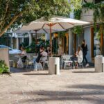 Outdoor neighborhood cafe scene illustrating how to choose an area for a 30-day stay abroad